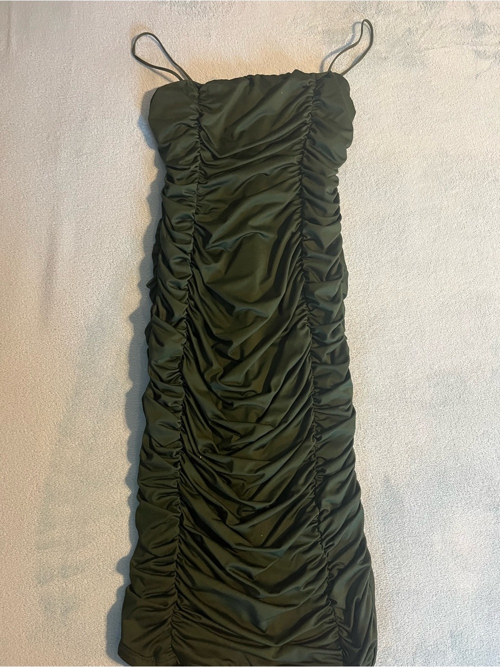 Olive Green Ruched Spaghetti Strap Dress
